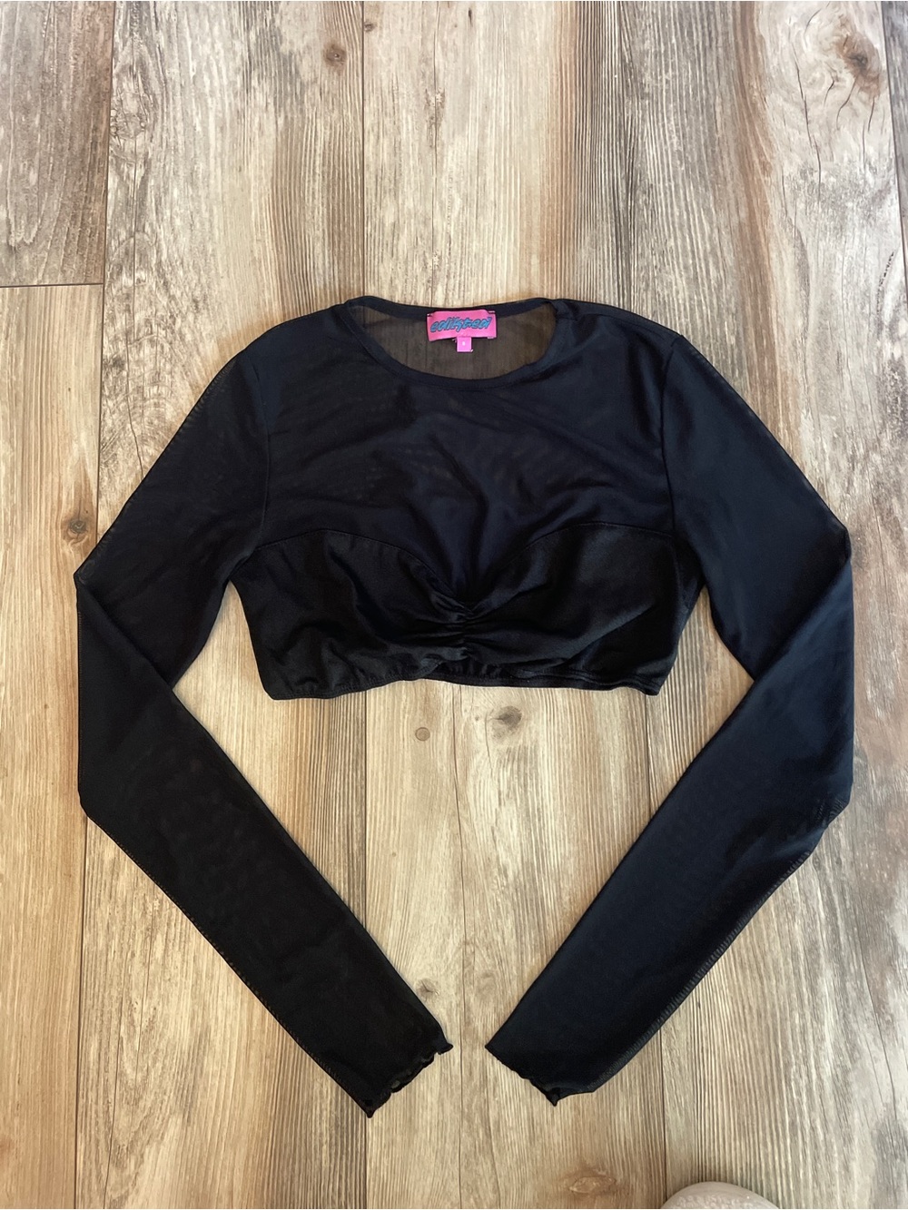 Black Long-Sleeve Mesh Crop Top - Pink Label